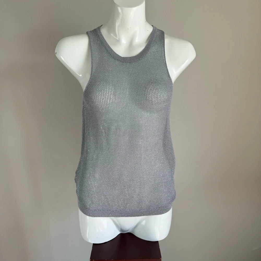 GEF France Silver Metallic Open Knit Tank Top Size L Y2K Coastal Chic trendy - Picture 3 of 8